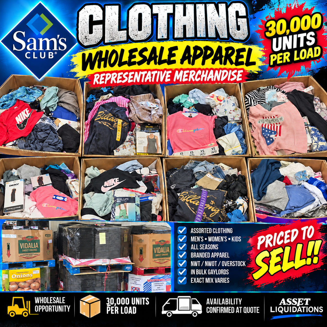 Sam’s Club Branded Clothing — Truckload & Delivered Options — representative merchandise