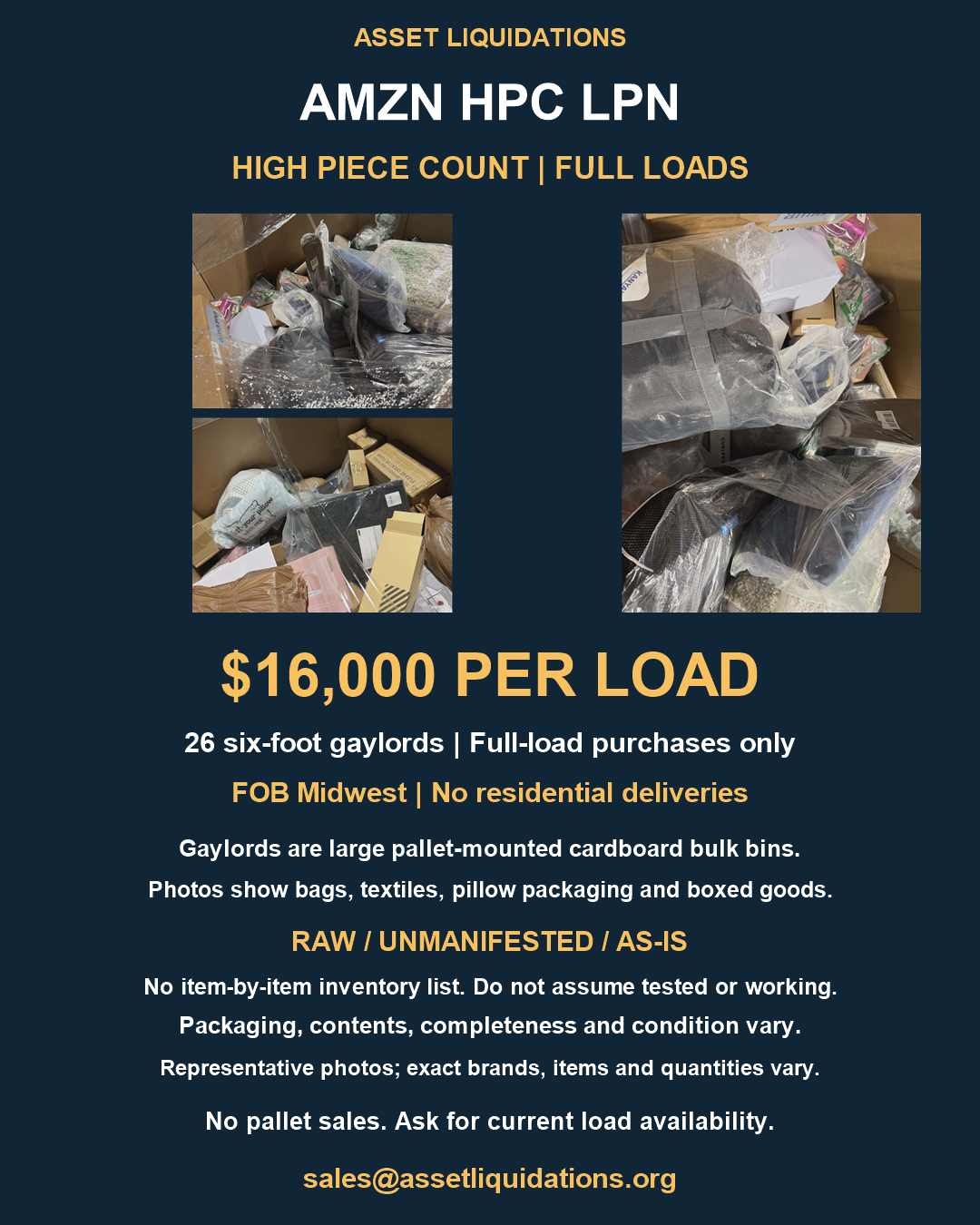 AMZN HPC LPN — High-Piece-Count Loads: representative actual merchandise photographs; 26 six-foot gaylords per load