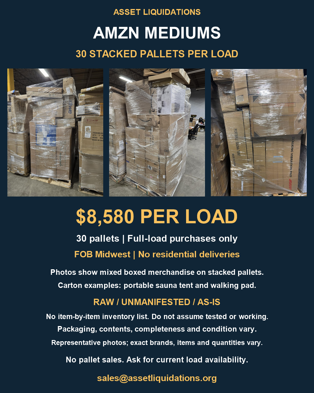 AMZN Mediums — 30-Pallet Loads: representative actual merchandise photographs; 30 stacked pallets per load