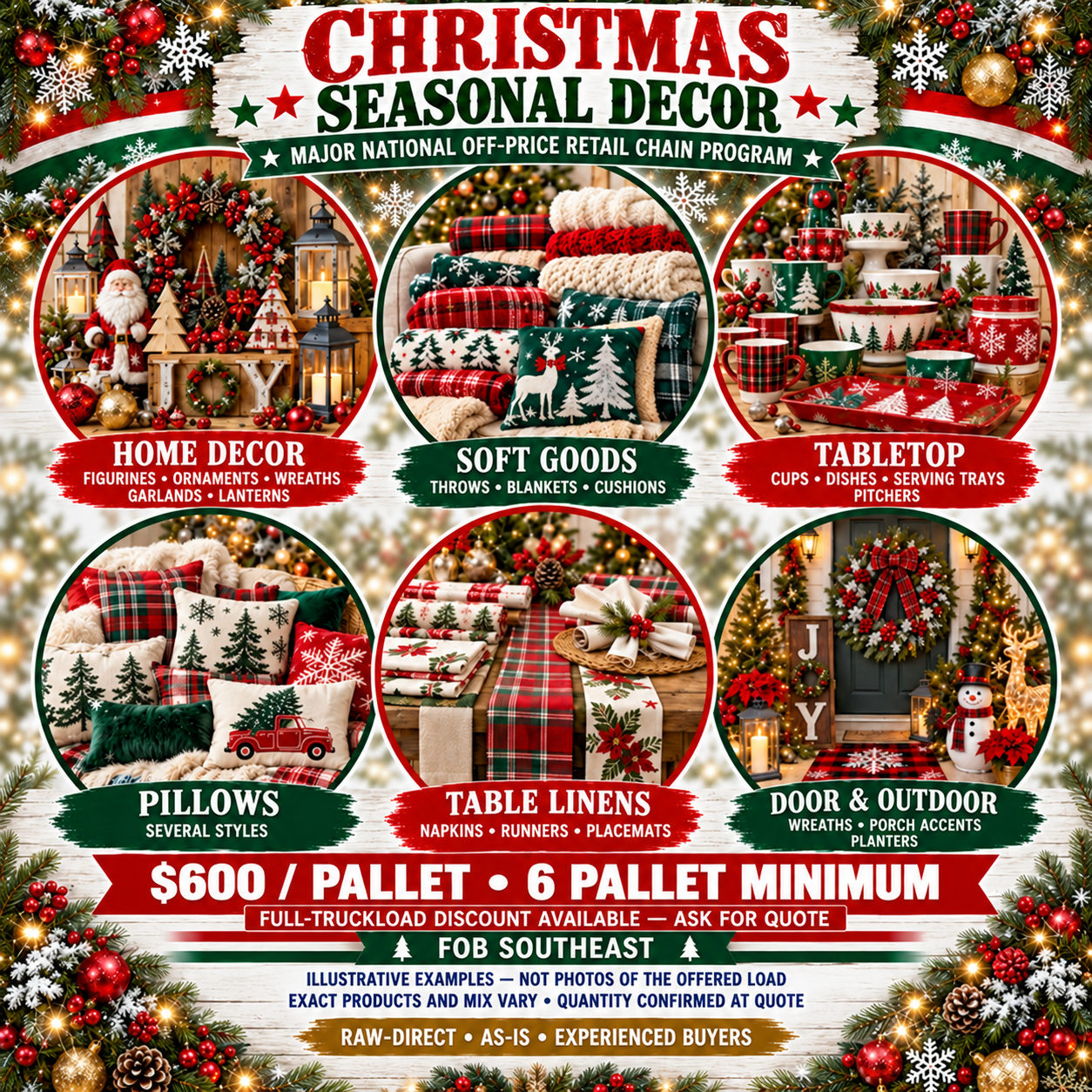 Seasonal merchandise examples: $600 per pallet, six-pallet minimum