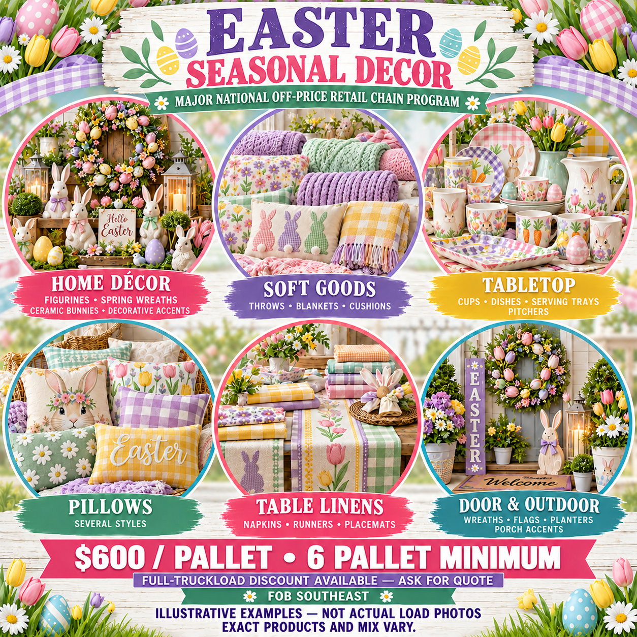Seasonal merchandise examples: $600 per pallet, six-pallet minimum