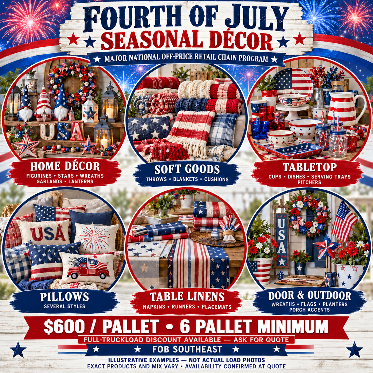 Fourth of July decor examples: $600 per pallet, six-pallet minimum