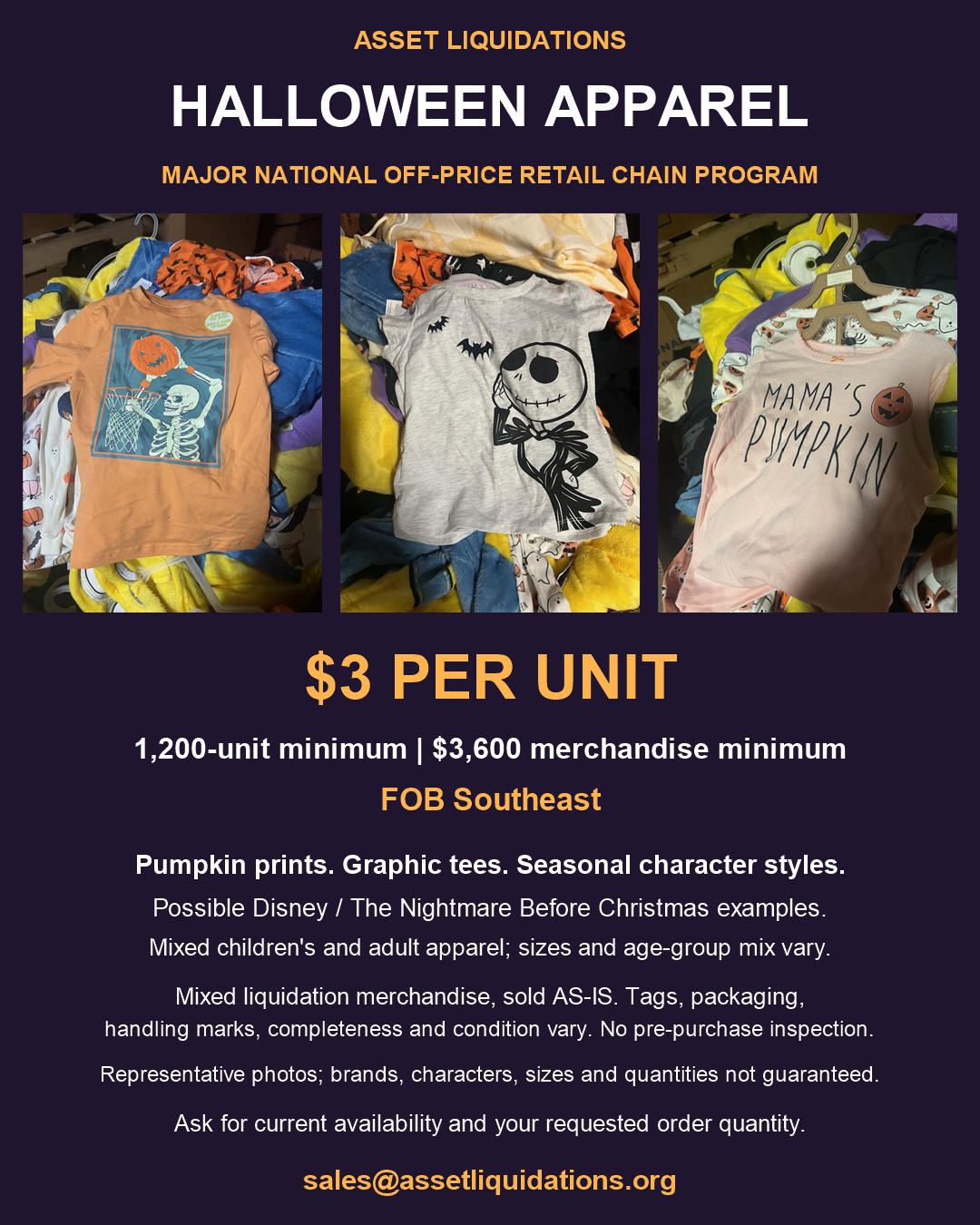 Halloween apparel representative product collage; $3 per unit, 1,200-unit minimum, ongoing program