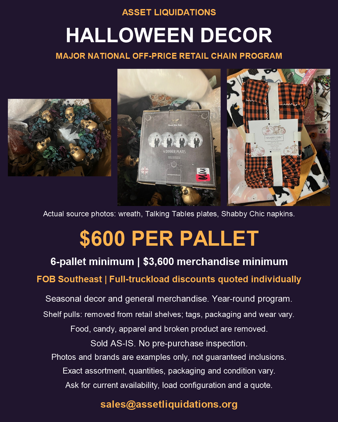 Seasonal merchandise examples: $600 per pallet, six-pallet minimum