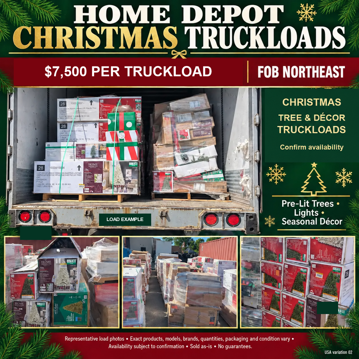 Representative Home Depot Christmas truckload photos showing boxed pre-lit trees and holiday décor
