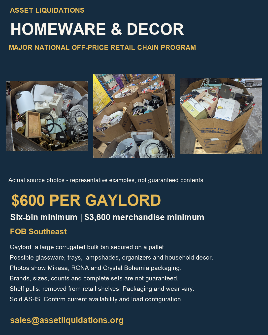Homeware and decor gaylords; $600 each, six-gaylord minimum, up to 60 per truck subject to quote confirmation