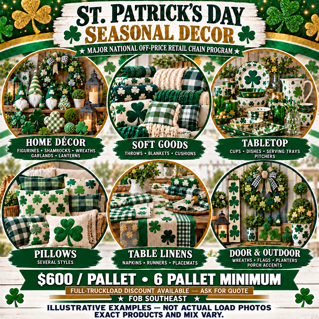 Seasonal merchandise examples: $600 per pallet, six-pallet minimum