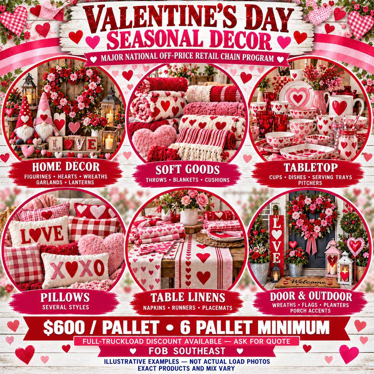 Seasonal merchandise examples: $600 per pallet, six-pallet minimum
